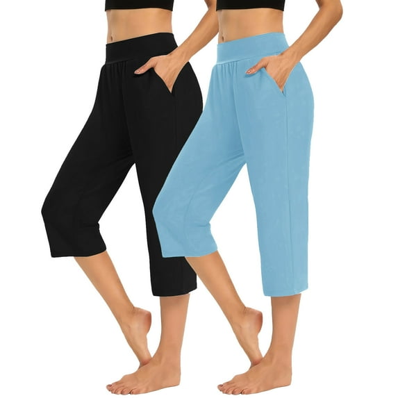 Summer Savings Clearance Women's Capris, 2PCS Solid Elastic Waist Pocket Cropped Pants Casual Stretchy Stylish Pants For Spring Summer Women's Clothing(Black+Sky Blue,S)