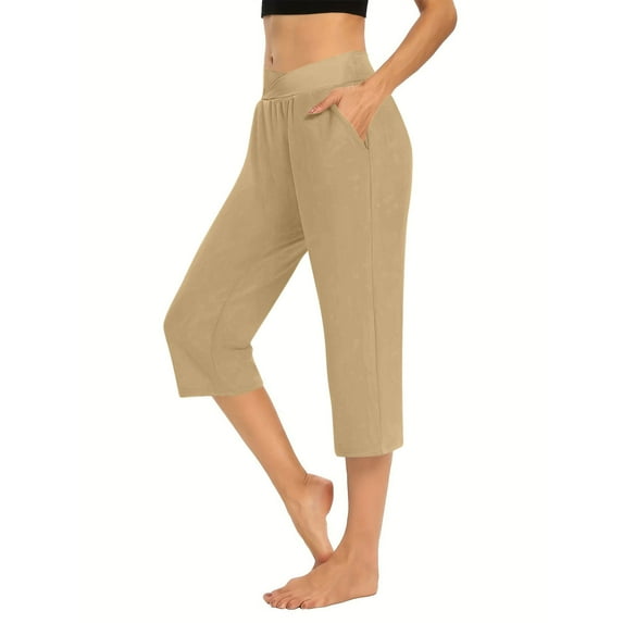 Summer Savings Clearance Women's Capris, Solid Elastic Waist Pocket Cropped Pants Casual Stretchy Stylish Pants For Spring Summer Women's Clothing(Khaki,S)