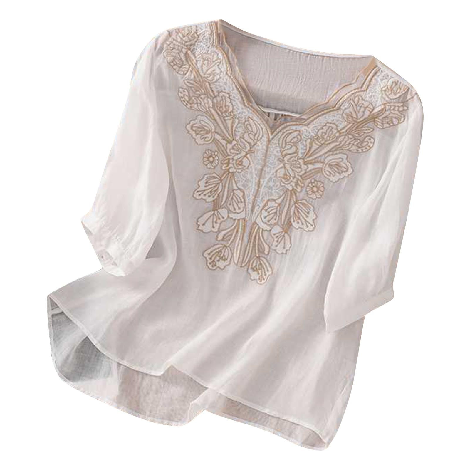 Summer Savings Clearance Women's Elegant Cotton Linen Shirt Floral