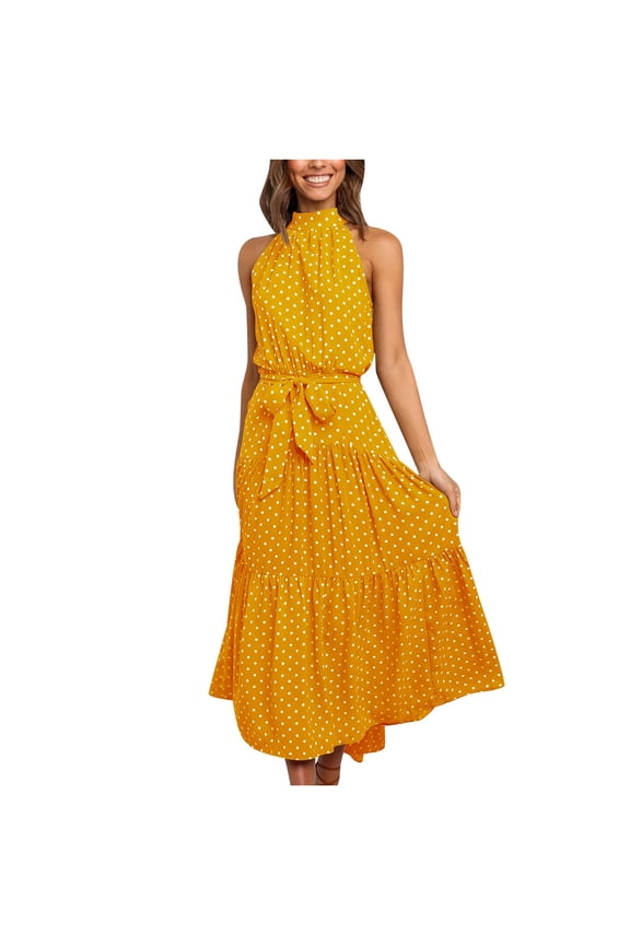 Women's High Neck Sleeveless Summer Dresses Sexy Polka Dot Evening Sling Long Maxi Sun Dress Casual Bandage Beach Party Club Dress