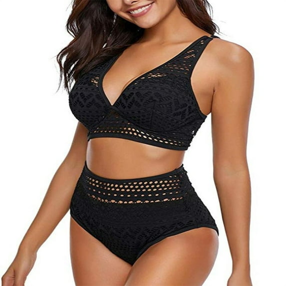 Women's High Waisted Swimsuit Crochet Lace V Neck Crop Top Hollow Out Two Piece Vintage Swimwear with Bottom Tummy Control Bathing Suits