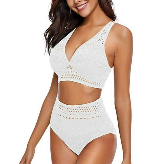 Summer Savings Clearance! Women's High Waisted Swimsuit Crochet Lace V Neck Crop Top Hollow Out Two Piece Vintage Swimwear With Bottom Tummy Control Bathing Suits