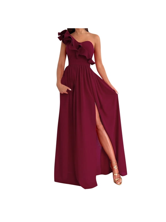 Women's Long Maxi Summer Dresses Sexy Ruffle One Shoulder Sleeveless Split Fit and Flare Dress Party Wedding Guest Cocktail Dress for Women 2025 Hot