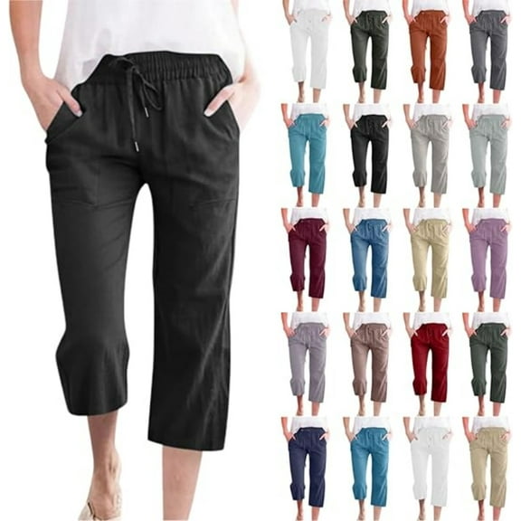 Womens Casual Loose Elastic Waist Cotton Trouser Cropped Wide Leg Pants with Pockets Green L