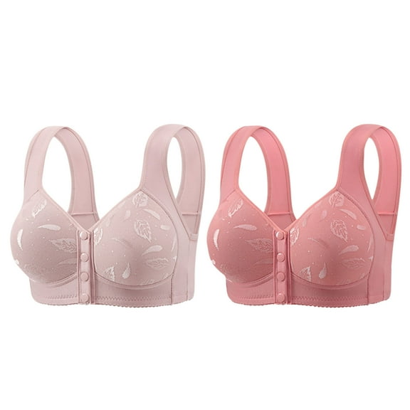 Womens Front Closure Bras, 2 Pack Daisy Bras for Older Women No Underwire Snap Front Bra Front Closing Bras Push Up Bra Plus Size Front Button Everyday Bra S-5XL