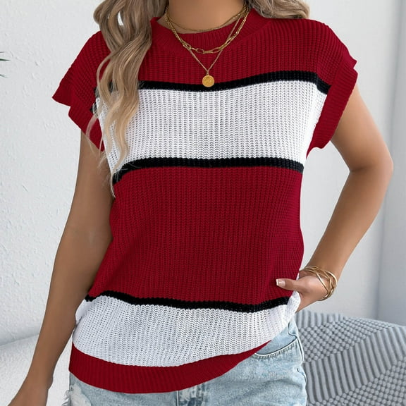 !Womens Short Sleeve Sweater Spring Summer 2025 Round Neck Striped Pullover Cap Sleeve Knit Sweater Vest Tops
