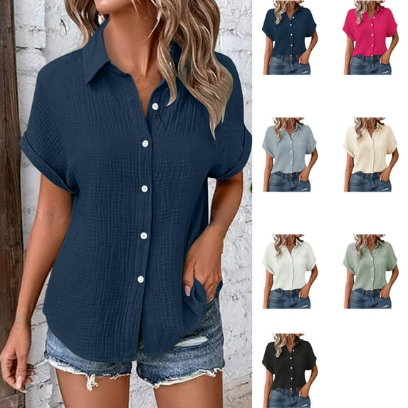 Summer Savings Womens Short Sleeve Tops, Xunlbb Woman Fashion Solid Color Button Short Sleeve Turndown Collar Blouse Tops(Navy,S)