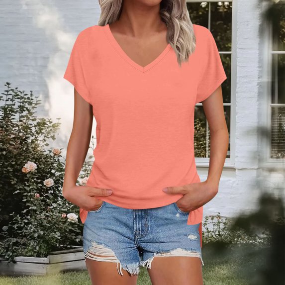 Summer Savings Womens Short Sleeve Tops, Xunlbb Women's Fashion Solid Color Slit Raglan Sleeve Short Sleeve Blouse V-Neck T-Shirt Tops(Orange Pink,S)
