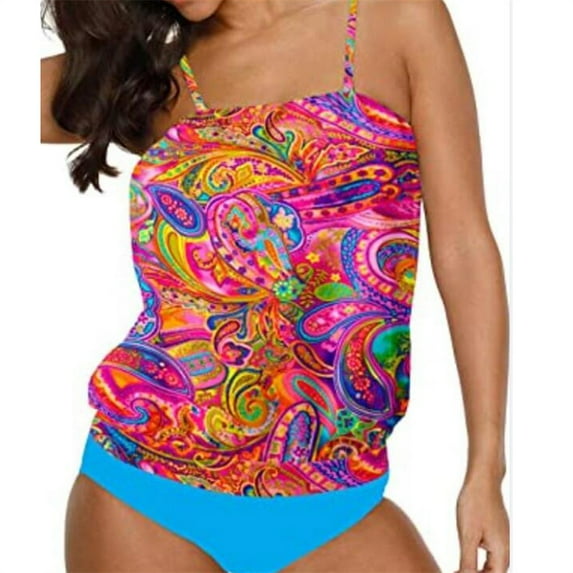 Womens Tankini Swimsuits Athletic Swimwear Two Piece Tummy Control Bathing Suits with Shorts Modest Detachable Shoulder Strap Tank Tops Swimming Suit