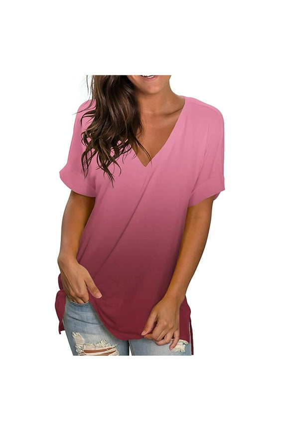 Summer Womens Tops Fashion Casual Comfy Loose Gradient V-Neck Short Sleeve Loose Tshirt S-3XL