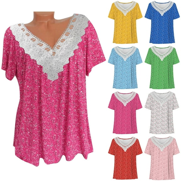 Womens Tops Women Casual T-shirt Floral Printed V-Neck Short Sleeve Pullover Blouse Tops Plus Size Tops for Women