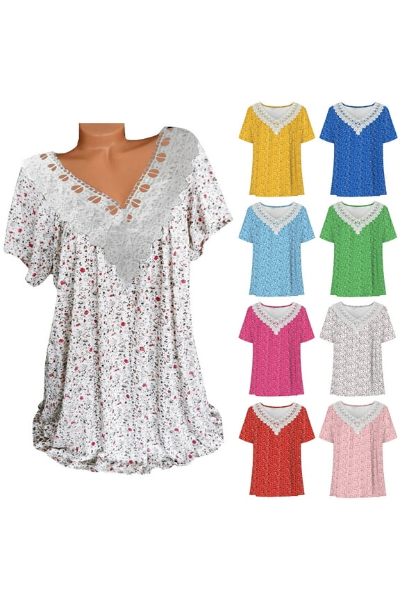 Womens Tops Women Casual T-shirt Floral Printed V-Neck Short Sleeve Pullover Blouse Tops Womens Tops