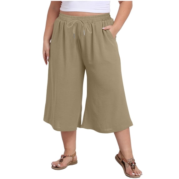 Work Shorts for Women Under $10 Women Plus Size Fashion Casual Solid Color Summer 3/4 Shorts Cotton Shorts Drawstring with Pockets Shorts Khaki L