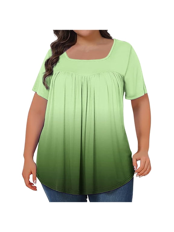 Plus Size Tops for Women Short Sleeve Square Neck Summer Loose Fit Tunic Top for Leggings Pleated Tops for Womens