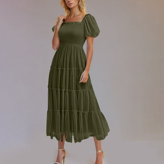 Xqxayjr Summer Midi Tulle Sundress for Women Puff Short Sleeve Square Neck Smocked Casual Church Graduation Dress Swing Flowy Ruffle Flowy A-Line Holiday Vacation Dress