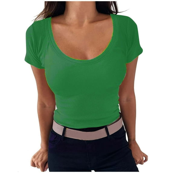 Summer Savings Clearance Xunlbb Womens Short Sleeve Shirt Women's Casual Solid Color Short-Sleeved U-Neck Top Gift for Her, S-3XL