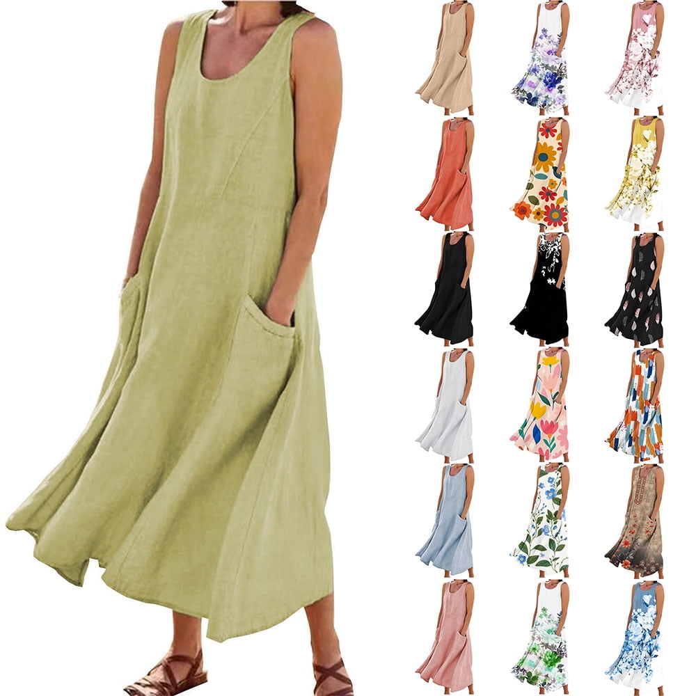 Summer Dresses for Women Plus Size Loose Fit Cotton Linen Dresses with Pockets for Beach Vacation Sleeveless Flowy Casual Maxi Dresses Green