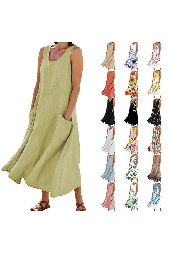 Summer Dresses for Women Plus Size Loose Fit Cotton Linen Dresses with Pockets for Beach Vacation Sleeveless Flowy Casual Maxi Dresses Green