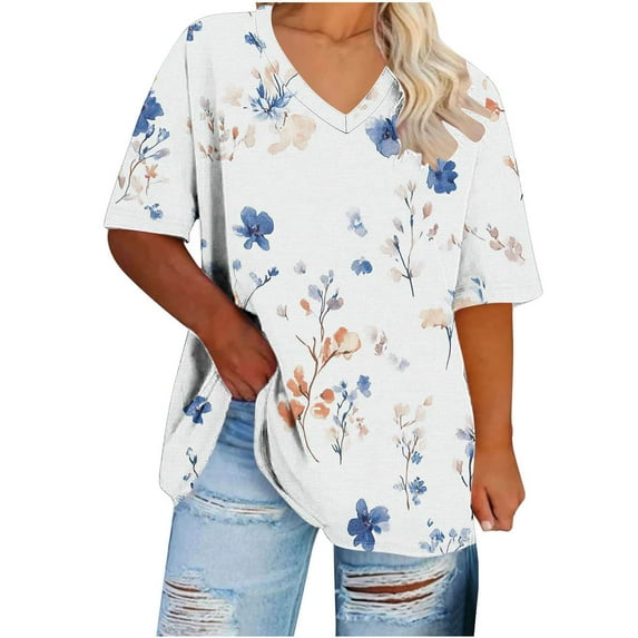 YOTAMI Women's Plus Size Tops Short Sleeve Floral Graphic T-Shirts V-Neck Summer Tops Trendy Casual Blouses S-XXXL