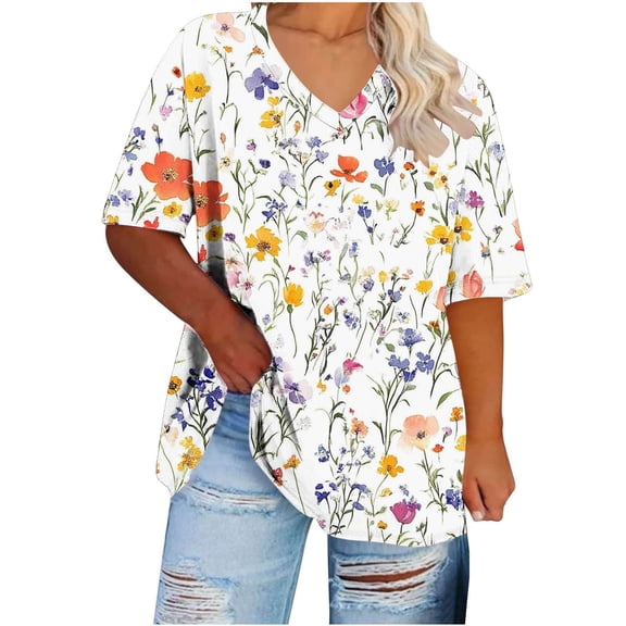 YOTAMI Women's Plus Size Tops Short Sleeve Floral Graphic T-Shirts V-Neck Summer Tops Trendy Casual Blouses S-XXXL