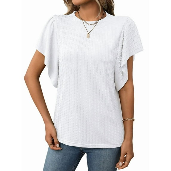 Women'S Formal Casual Business Shirts Summer Shirts Short Sleeves Round Neck Lotus Leaf Sleeves Suits 2025 White XL