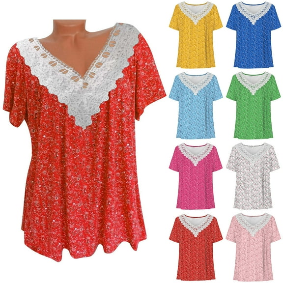 ZKCCNUK Plus Size Sexy Tops for Women Women Summer Fashion Short Sleeve V-neck Printing Casual Blouse T-shirt Tops Summer Beach Tops