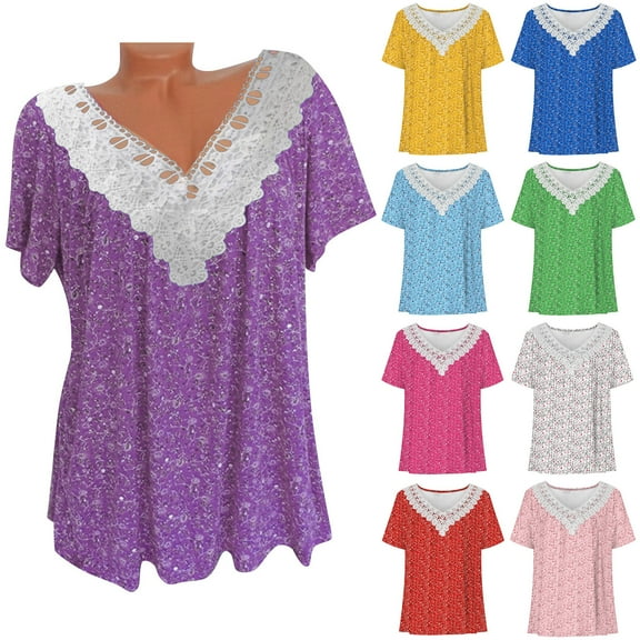 ZKCCNUK Plus Size Sexy Tops for Women Women Summer Fashion Short Sleeve V-neck Printing Casual Blouse T-shirt Tops Summer Beach Tops