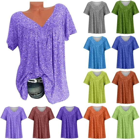 ZKCCNUK Summer Tops for Women Casual Printing Shirts Short Sleeve Tops V Neck Blouse