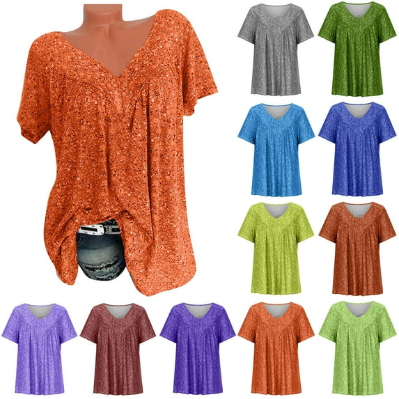 ZKCCNUK Summer Tops for Women Casual Printing Shirts Short Sleeve Tops V Neck Blouse