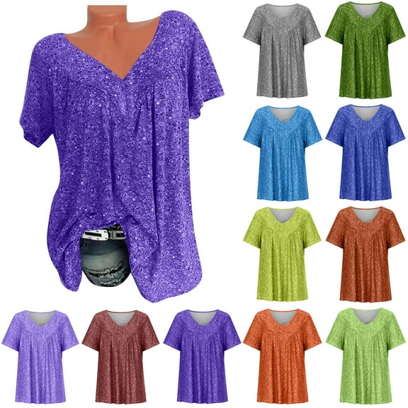 ZKCCNUK Summer Tops for Women Casual Printing Shirts Short Sleeve Tops V Neck Blouse