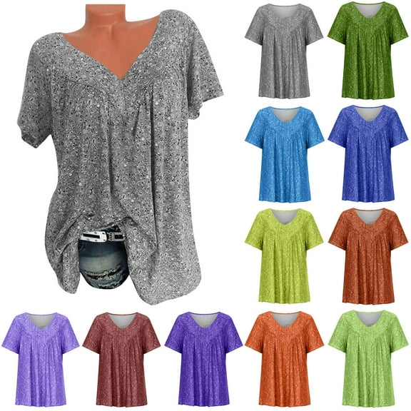 ZKCCNUK Summer Tops for Women Casual Printing Shirts Short Sleeve Tops V Neck Blouse