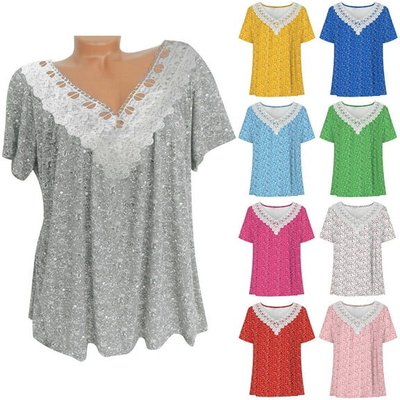 ZKCCNUK Womens Tops Under $5 Casual Printing Shirts Short Sleeve Tops V Neck Lace Stitching Blouse