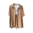 thumbnail image 1 of abtuhar Summer Outfits for Women,Women's Summer Outfits,Women's 2 Piece Color-blocking V-Neck Outfit Sets High Low Shirt and Drawstring Casual Shorts Set Khaki, 1 of 5