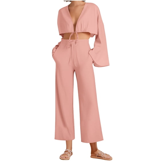 abtuhar Two Piece Sets for Women,Womens Outfits,Casual 2 Piece Outfit for Women - Linen Long Sleeve Button Shirt   Pleated Wide Leg Pants Sets Streetwear Pink
