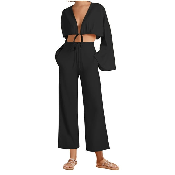abtuhar Two Piece Sets for Women,Womens Outfits,Casual 2 Piece Outfit for Women - Linen Long Sleeve Button Shirt   Pleated Wide Leg Pants Sets Streetwear Black