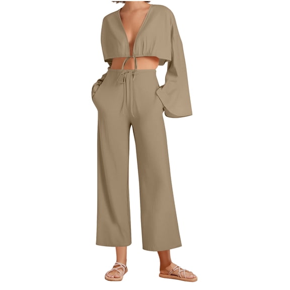abtuhar Two Piece Sets for Women,Womens Outfits,Casual 2 Piece Outfit for Women - Linen Long Sleeve Button Shirt Pleated Wide Leg Pants Sets Streetwear Khaki