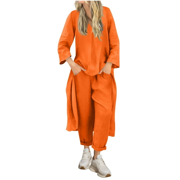 abtuhar Two Piece Sets for Women,Womens Outfits,Fashion Ladies Summer V-Neck Casual Solid Color Satin Short Sleeve Long Pants Suit Orange
