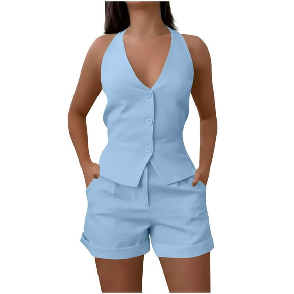 abtuhar Womens Work Outfits,Summer Outfits for Women,Two Piece Sets for Women Summer Sleeveless Tank Tops Suit High Waisted Shorts Business Casual Outfits Sky Blue