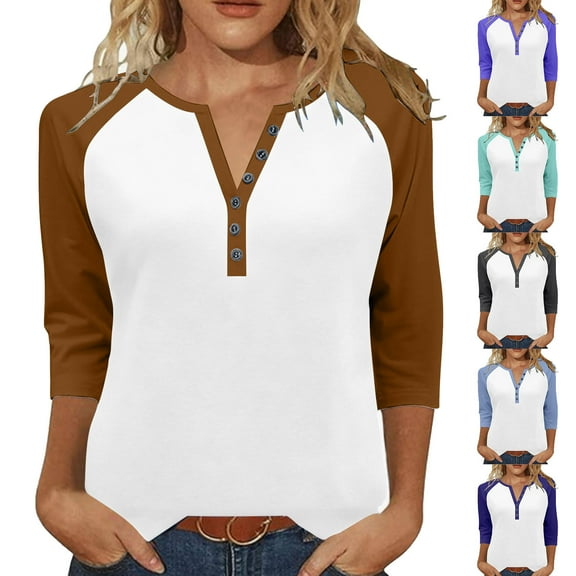 gakvbuo 3/4 Sleeve Tops Henley Shirts for Women's Tops Dressy Casual Color Block Pullover Tunic Top Blouses Button Up V-Neck Button-Down Shirts Trendy Business Work Blouses Outfit Basic Tees