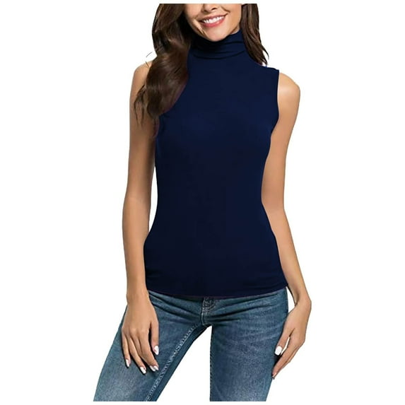 ibuvkizy Womens High Neck Tank Tops Womens Fashion Casual Solid Color Sleeveless Turtleneck Tee Shirt Blouse T-Shirt Top Dark Blue,M