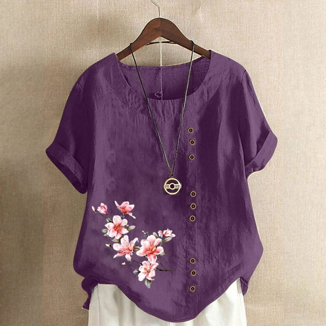 Summer Savings Clearance kttectoa Casual Plus Size Retro Flowy Blouses Shirts for Women Floral Print Blouse Tops Short Sleeve Round Neck Tops for Ladies Free Shipping Street