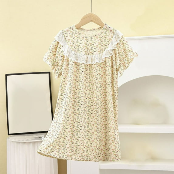 Summer Savings Clearance kttectoa Cute A-Line Lace Mid-Length Flowy Nightgown Dresses Round Neck Floral Graphic Ruffle Sleeve Dress for Girls Loose Fit Dresses for Vacation 2-13Y