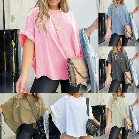 kttectoa Fashion Oversized Stud Rivet Shirts Going Out Tops for Women Solid Tee Tops Batwing Sleeve Crewneck Tee Tops for Women Up to 60% Off Casual Daily Wear