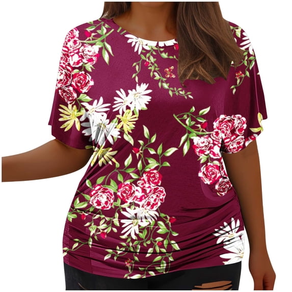 Summer Savings Clearance kttectoa Plus Size Loose Pleated Hem Tunic Tops Ladies Tops and Blouses Floral Print Blouse Short Sleeve Crewneck Blouse for Womens Free Shipping Street