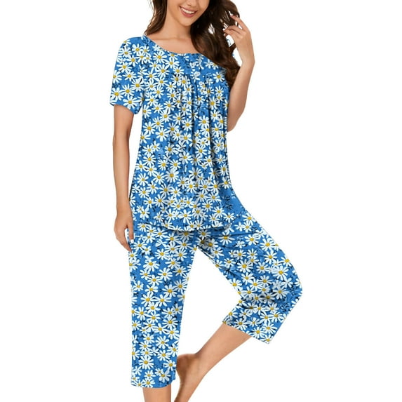 kttectoa Trendy Button Pleated Loungewear Women Summer Outfits Floral Print Round Neck Short Sleeve Elastic Waist Capri Two Piece Sets for Ladies Outerwear