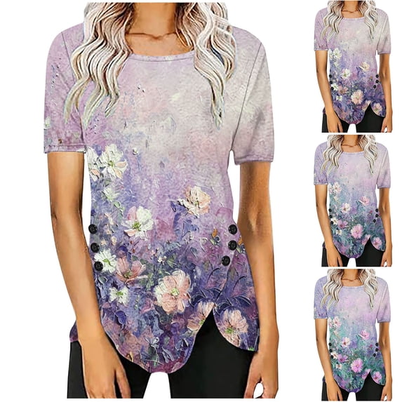 Summer Savings Clearance kttectoa Tunic Irregular Hem Casual Tops Ornamental Buttons Blouses for Women Floral Print Tee Tops Short Sleeve Round Neck Blouse for Womens Fall Savings Travel