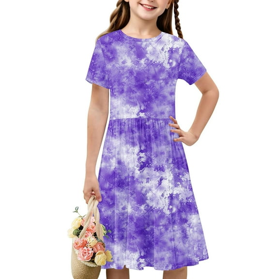 kttectoa Tunic Pleated Dress Loose A-Line Dress Dresses Crewneck Tie Dye Graphic Short Sleeve Dress for Kids Delightful Dresses for School 4-14Y