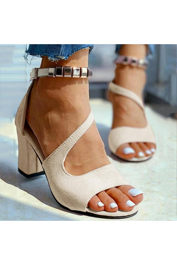 Summer Sandals for Womens,Womens Sandals,New Buckle Strap Chunky Heel Sandals Women's High Heels Beaded Fish Mouth Women's Sandals