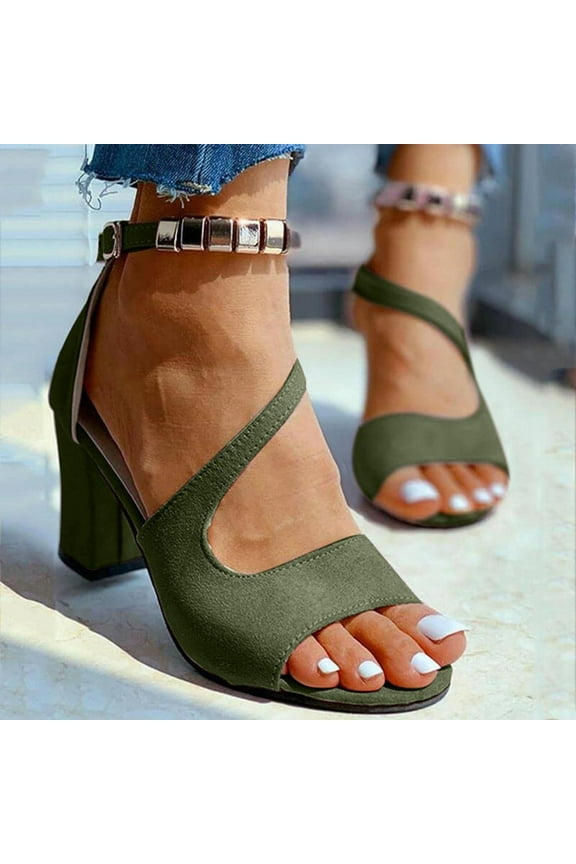 Summer Sandals for Womens,Womens Sandals,New Buckle Strap Chunky Heel Sandals Women's High Heels Beaded Fish Mouth Women's Sandals