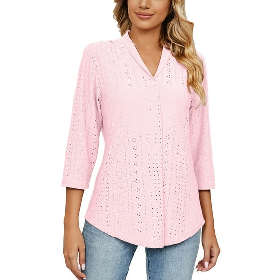 pbnbp Eyelet Tops for Women Solid Color Lapel V Neck Short Sleeve Dressy Blouses Casual Work Office T Shirt